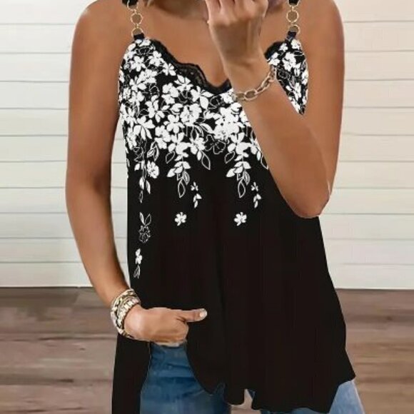 Tops - Floral Print Chain Cami Top, Sexy Sleeveless Summer V Neck Vest,Women's Clothing